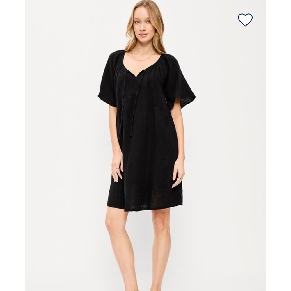 Old Navy Women XL Black Cotton Gauze Shift Dress Mini Tie Neck Pockets NWT